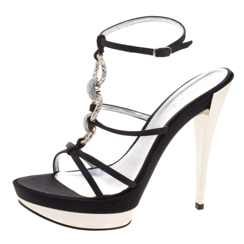 Image of Casadei Black Satin Crystal Embellished Platform Strappy Sandals Size