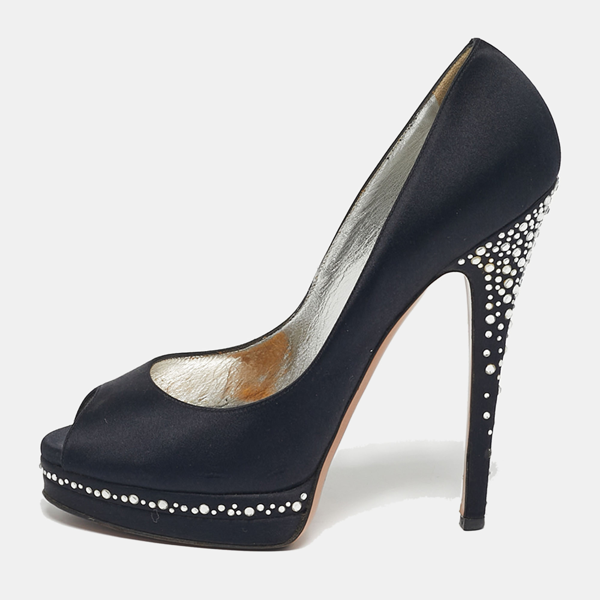 Casadei Black Satin Crystal Embellished Peep Toe Pumps Size 37.5 
Casadei Black Satin Crystal Embellished Peep Toe Pumps Size 37.5