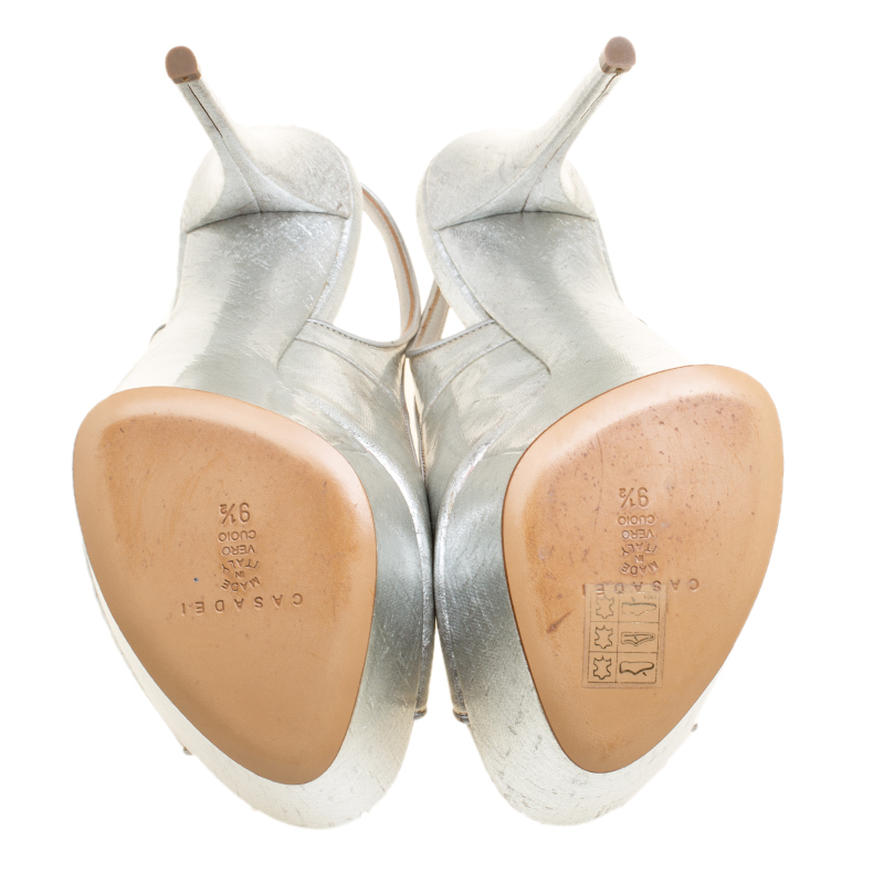 Casadei Silver Leather Pellame Peep Toe Slingback Sandals Size 39.5