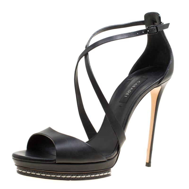 Image of Casadei Black Leather Cross Strap Platform Sandals Size