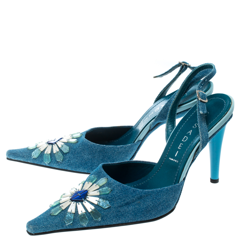 Casadei Blue Denim Pointed Toe Slingback Sandals Size 37.5