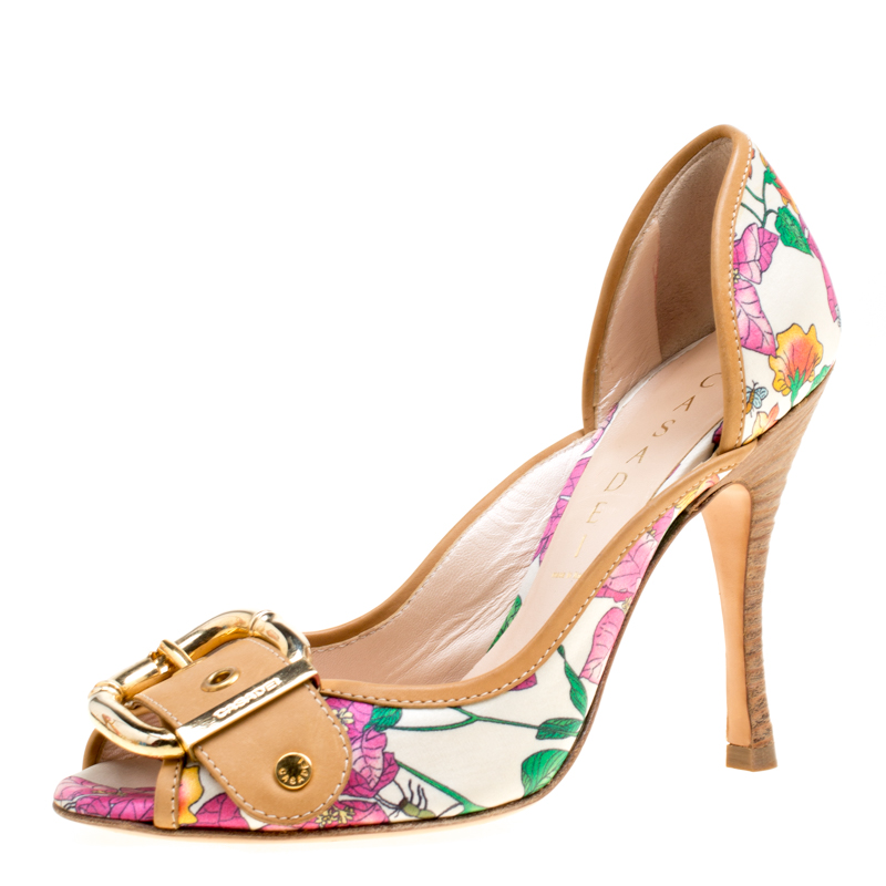 Casadei Beige/Multicolor Leather And Printed Fabric Buckle Detail Pumps Size 37