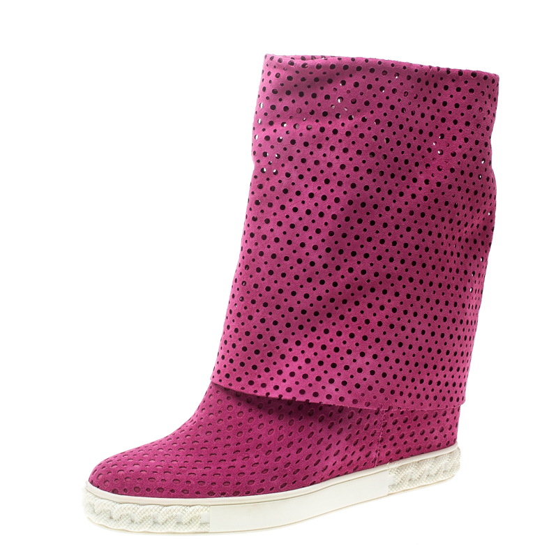 Image of Casadei Pink Perforated Suede Wedge Boots Size