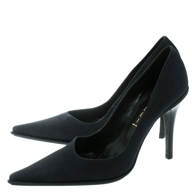 Casadei Navy Blue Satin Pointed Toe Pumps Size 38.5