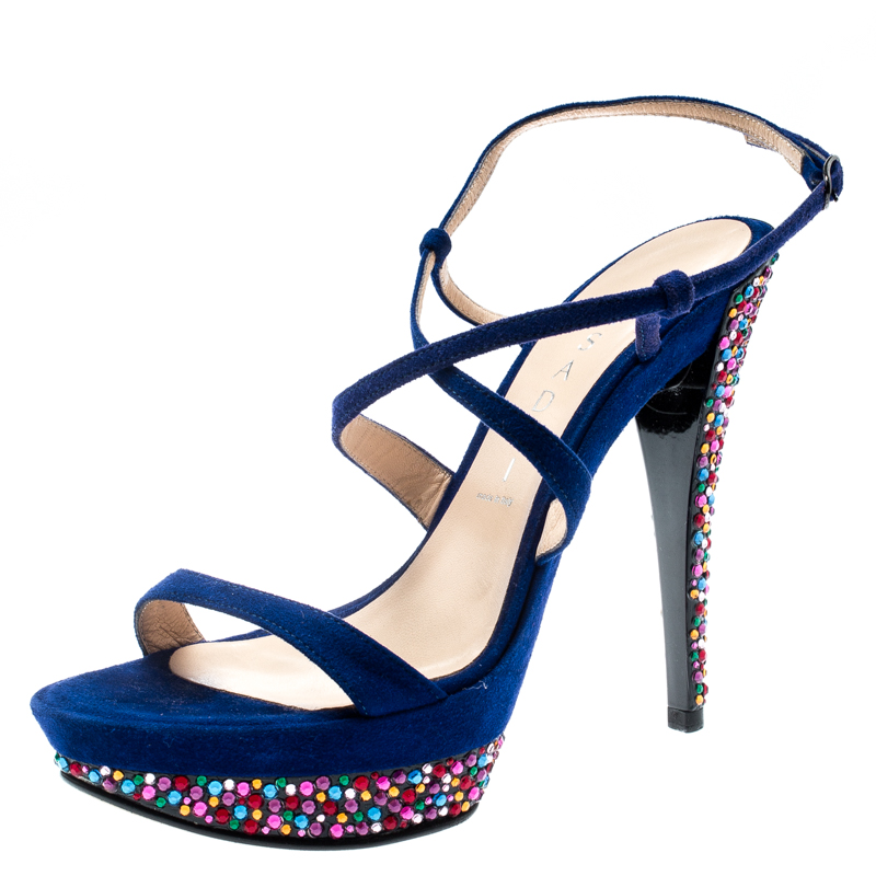 Image of Casadei Royal Blue Suede Crystal Embellished Heel Ankle Wrap Platform Sandals Size .