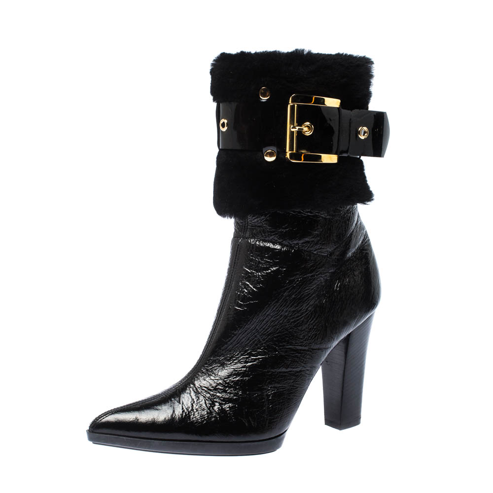Image of Casadei Black Patent Leather and Fur Buckle Belted Ankle Boots Size .