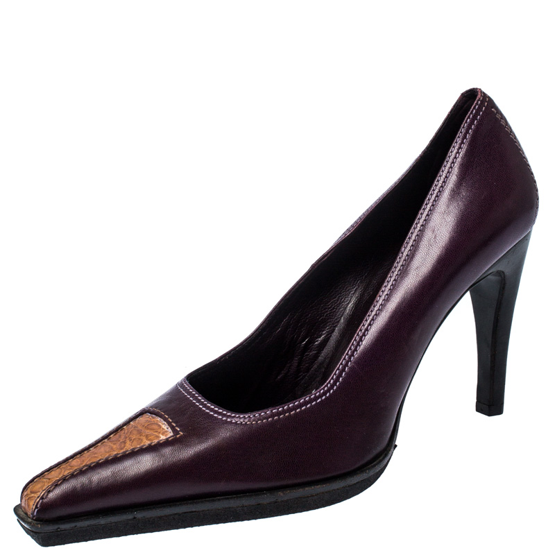 Casadei purple and brown leather pointed toe pumps size 37.5