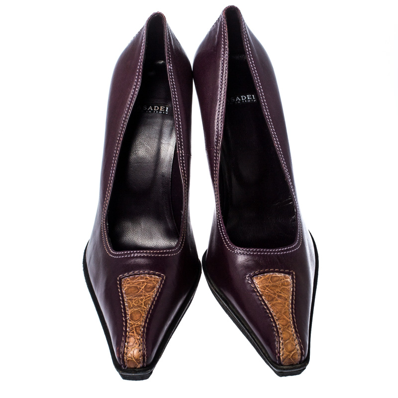 Casadei Purple And Brown Leather Pointed Toe Pumps Size 37.5