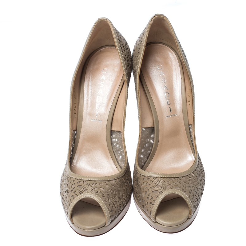 Casadei Grey Perforated Leather Peep Toe Pumps Size 41
