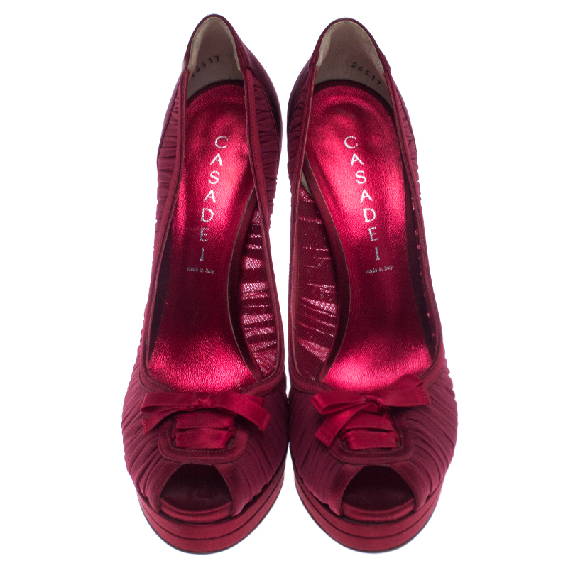 Casadei Red Satin Bow Peep Toe Pumps Size 38.5