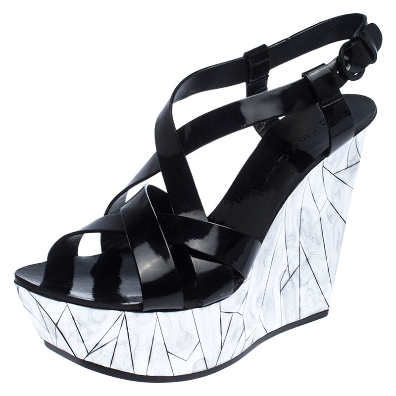 Image of Casadei Black Patent Leather Wedge Platform Strappy Sandals Size