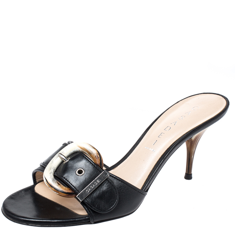 CasadeI Black Leather Buckle Detail Slide Sandals Size 37.5