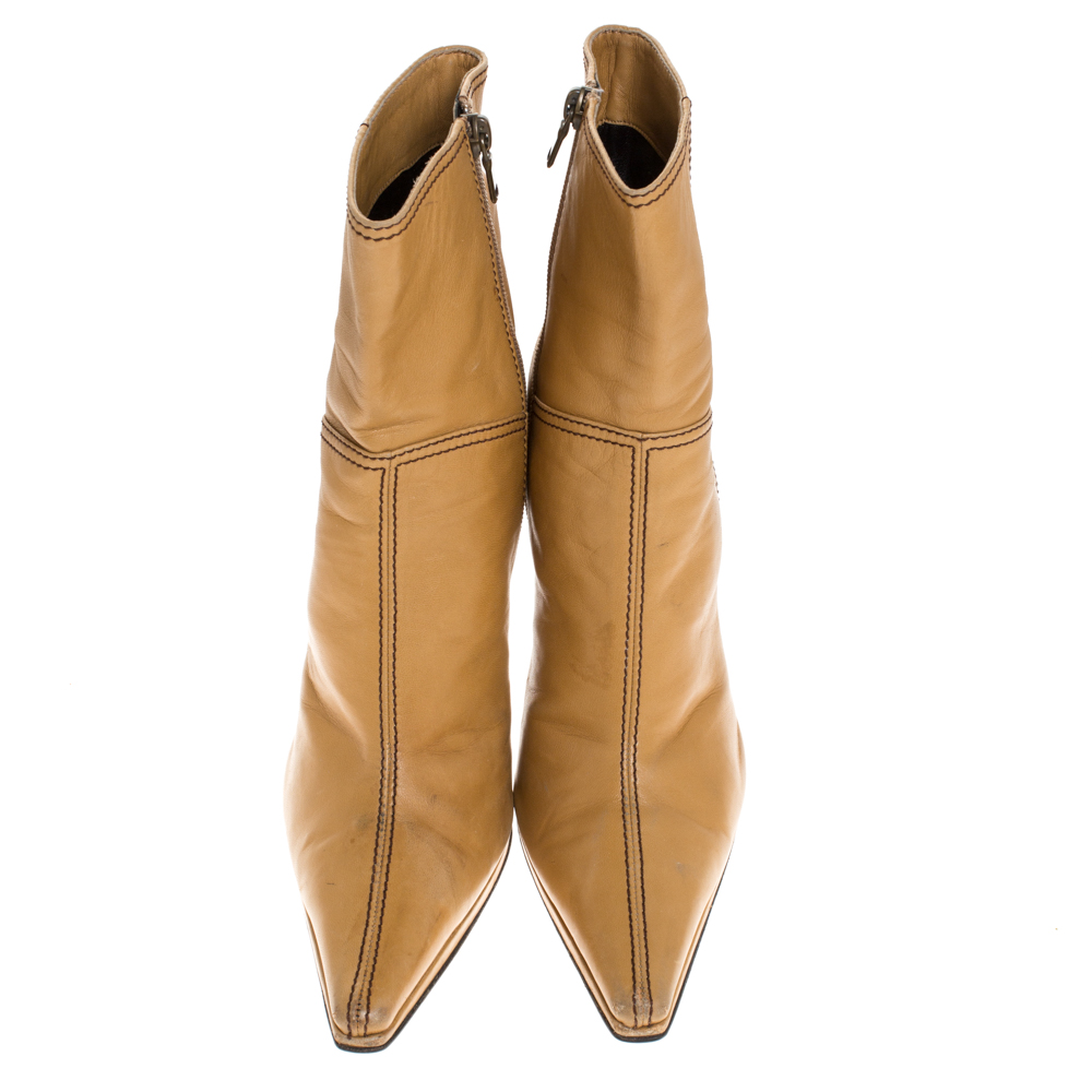 Casadei Tan Leather Pointed Toe Ankle Boots Size 37.5