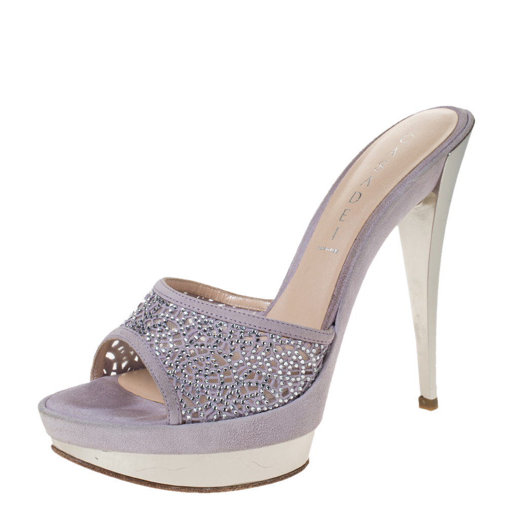 Image of Casadei Lilac Suede Crystal Embellished Platform Open Toe Platform Slide Sandals Size