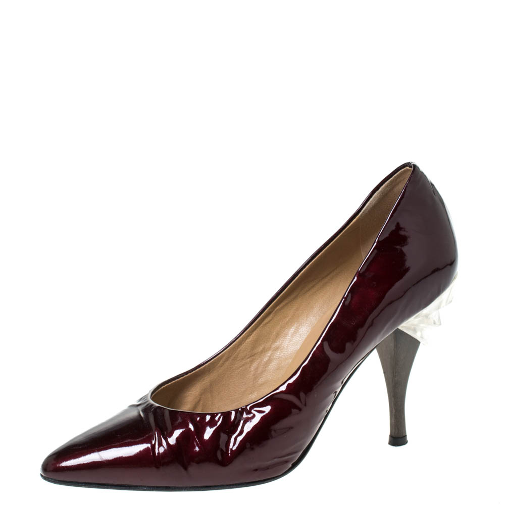 Casadei burgundy patent leather pointed toe embellished heel pumps size 38