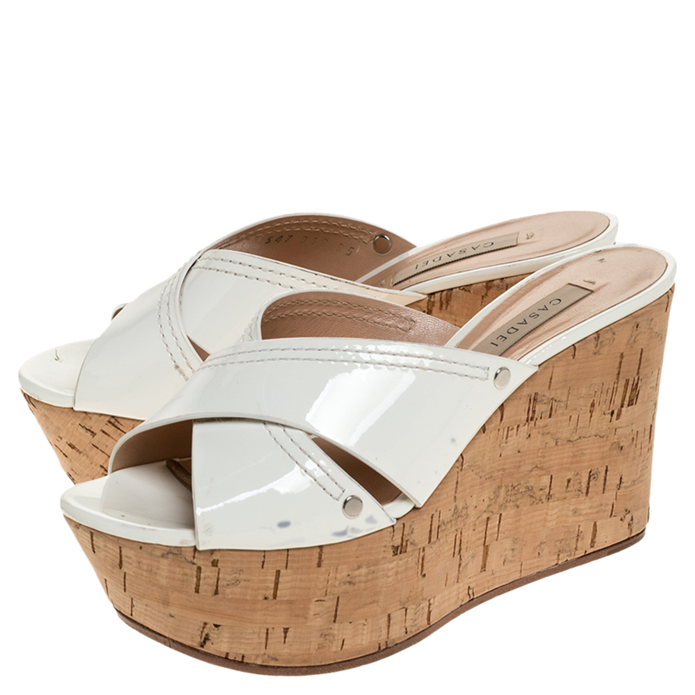 Casadei White Criss Cross Patent Leather Cork Wedge Sandals Size 35