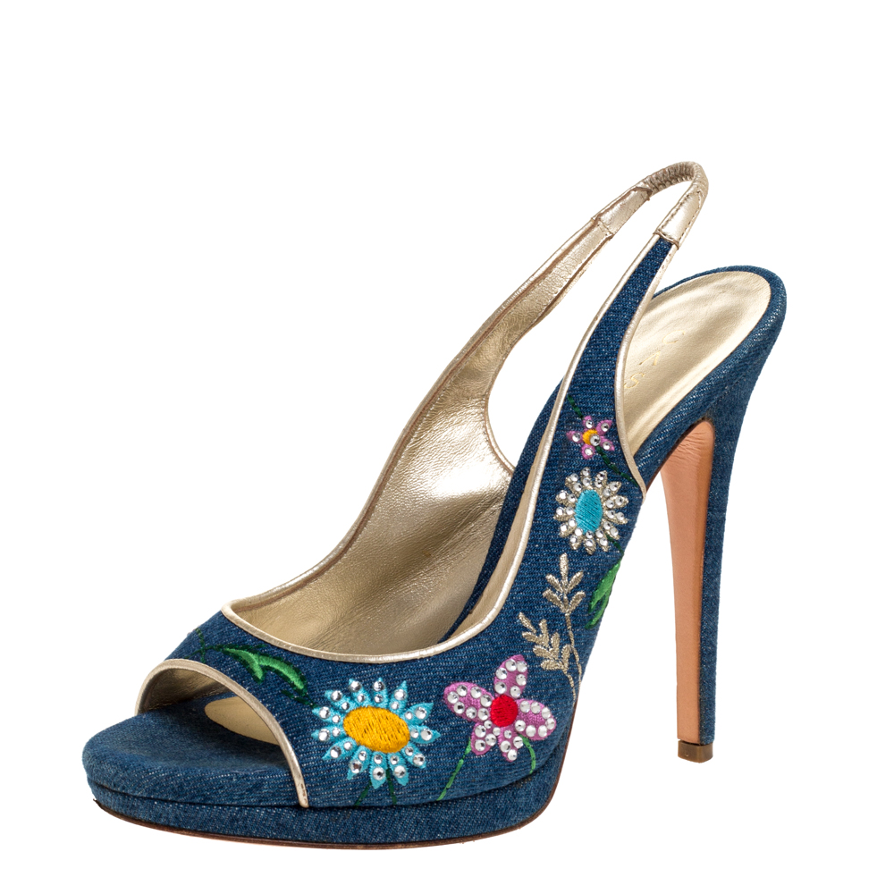 Image of Casadei Blue Denim Flower Embroidered Slingback Open Toe Sandals Size