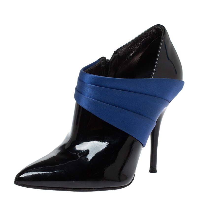 Casadei black/blue pleated satin and patent leather ankle booties size 35