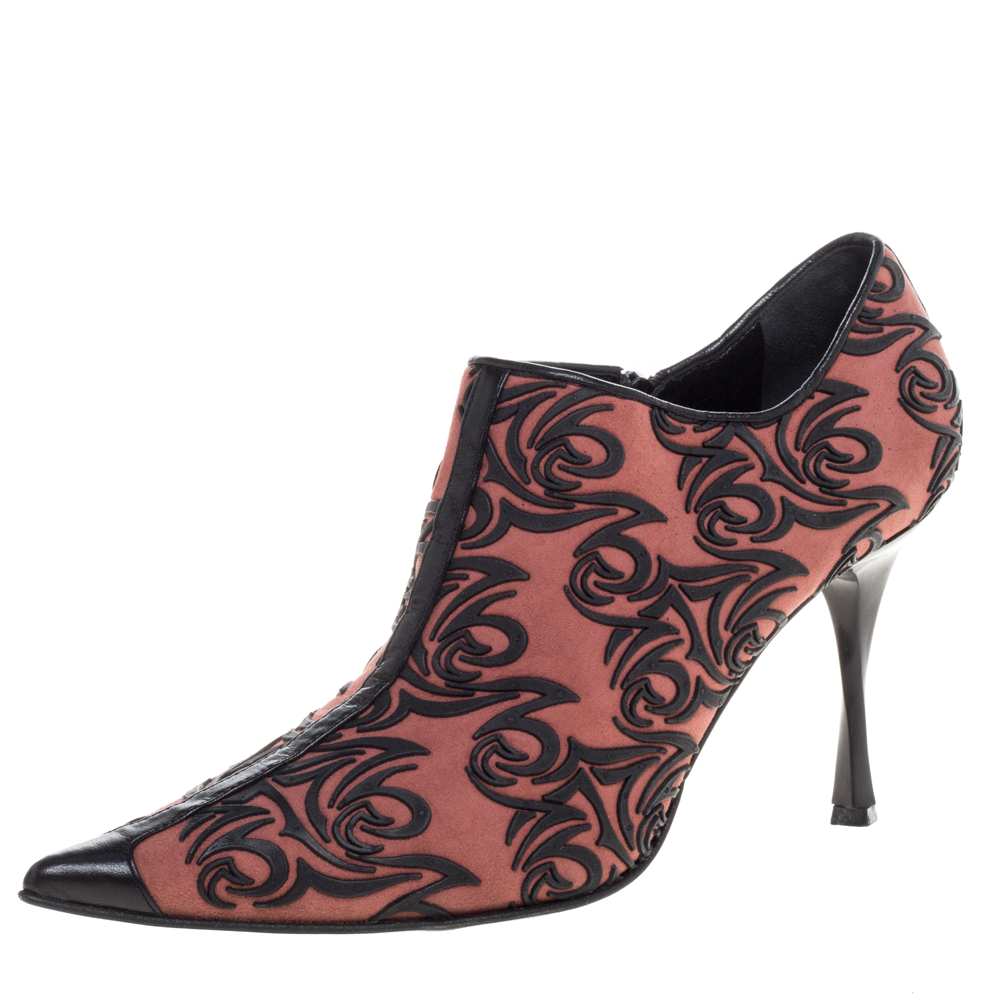 Image of Casadei Brick Red Alcantara Laser Cut Rubber Detail Ankle Boots Size