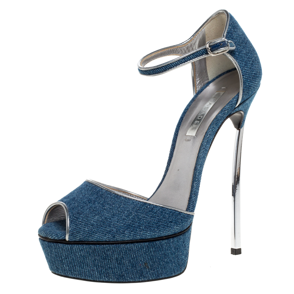 Image of Casadei Blue Denim Peep Toe Ankle Strap Platform Blade Heel Sandals Size
