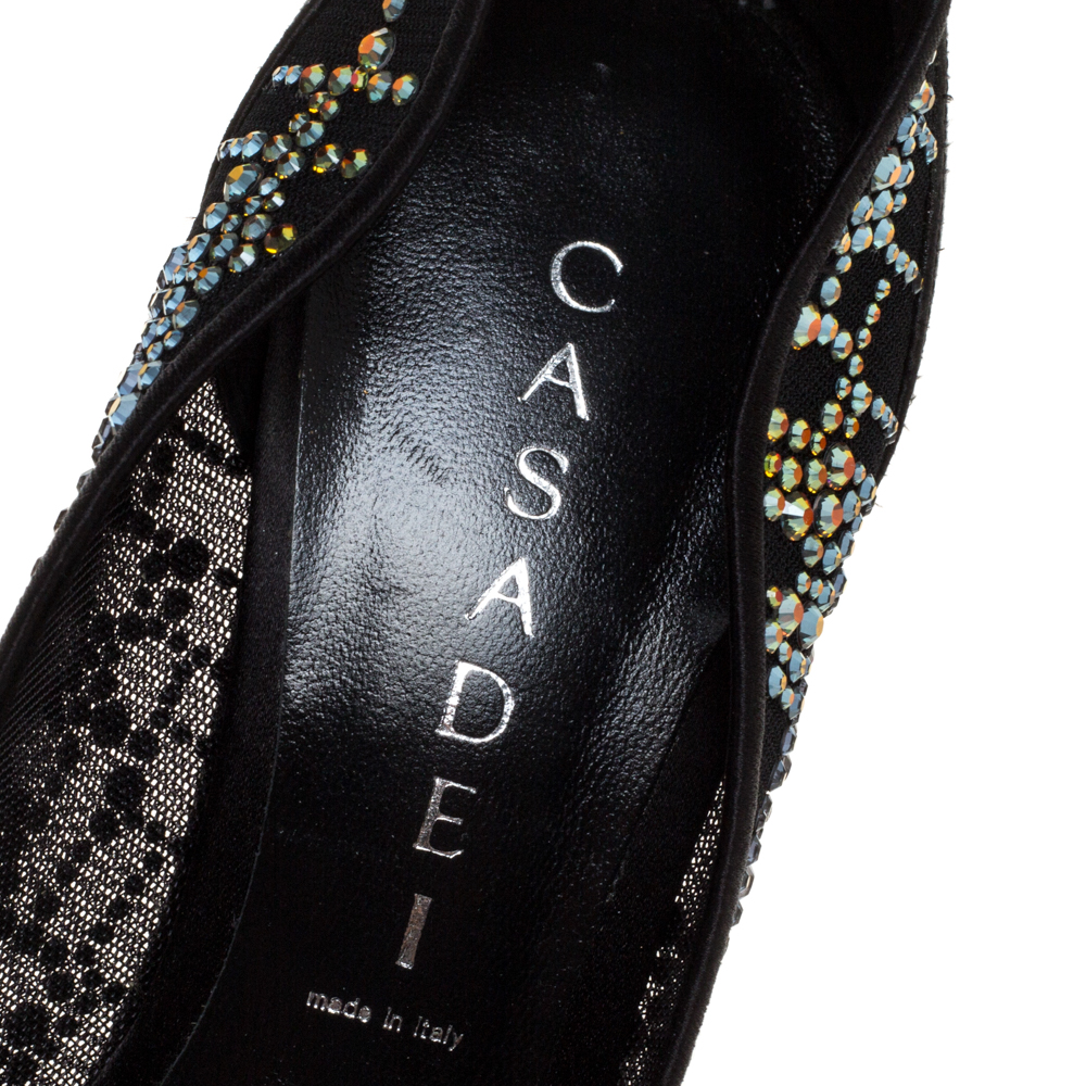 Casadei Black Crystal Embellished Mesh And Satin Peep Toe Platform Pumps Size 36
