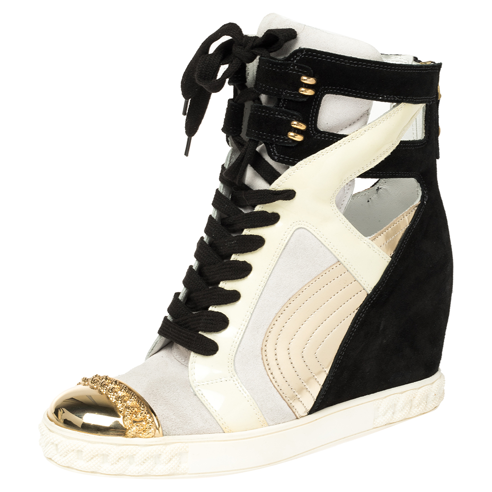 Image of Casadei Multicolor Suede and Leather High Top Wedge Sneakers Size