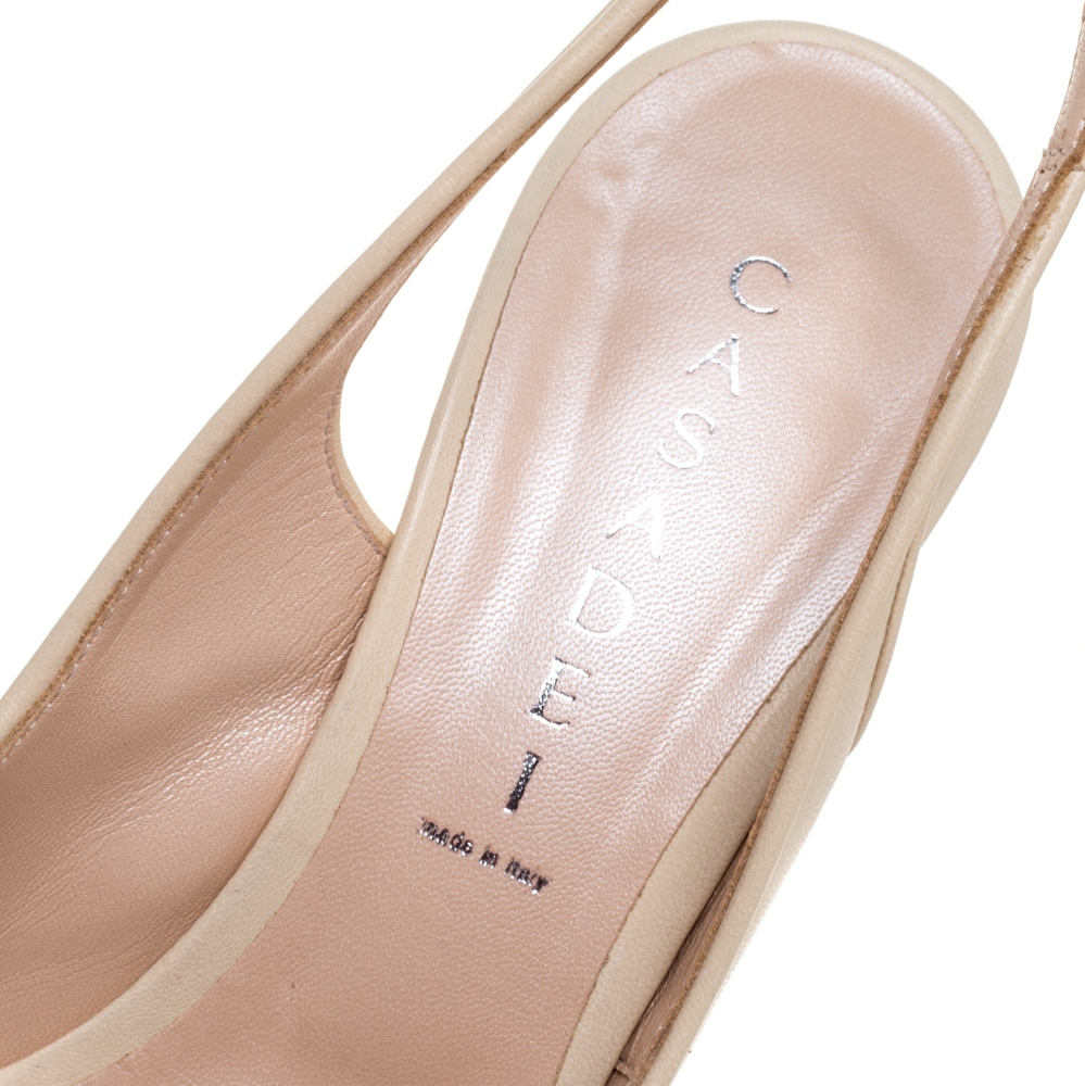 Casadei Cream Leather Platform Slingback Peep Toe Sandals Size 38