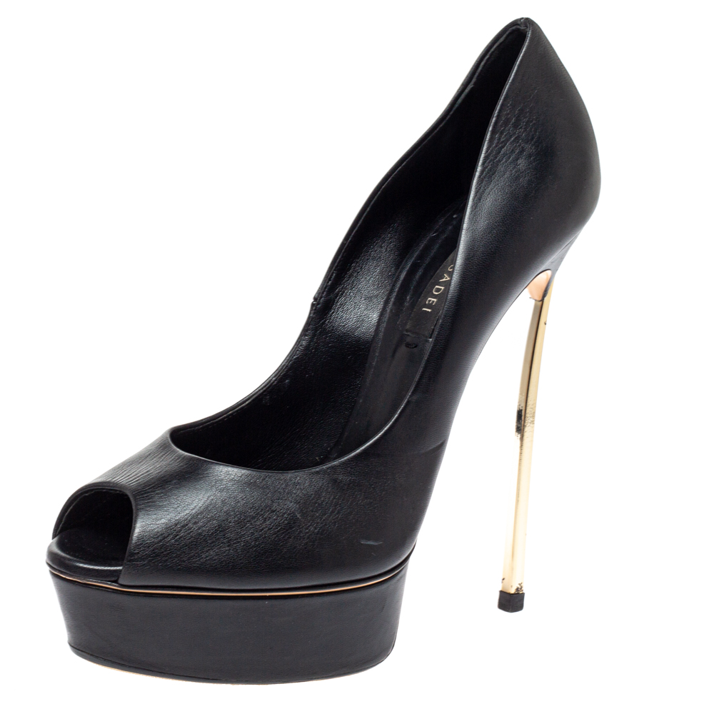 Image of Casadei Black Leather Top-blade Peep Toe Platform Pumps Size