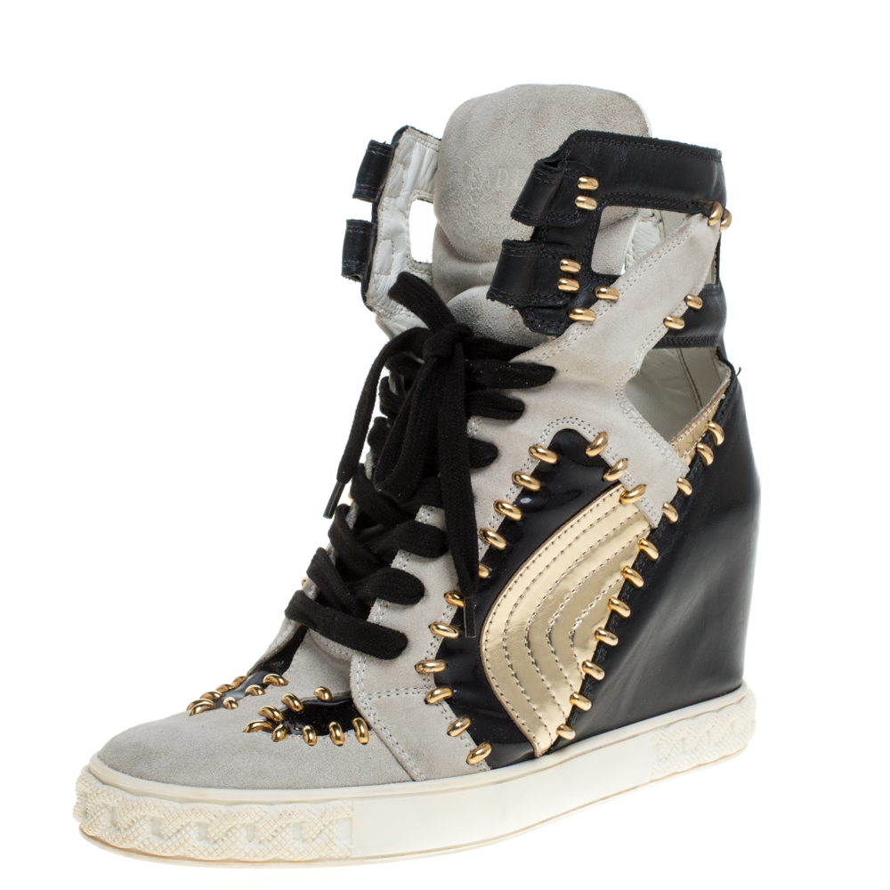 Casadei tricolor suede and leather studded high top wedge sneakers size 39