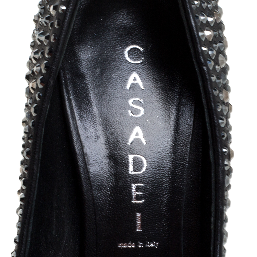 Casadei Black Leather Swarovski Crystal Embellished Peep Toe Pumps Size 37