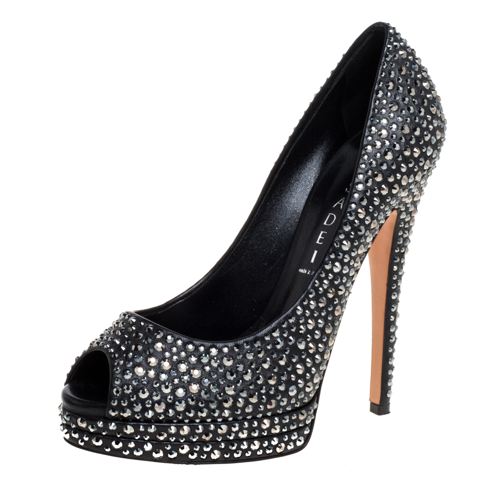 Casadei black leather swarovski crystal embellished peep toe pumps size 37