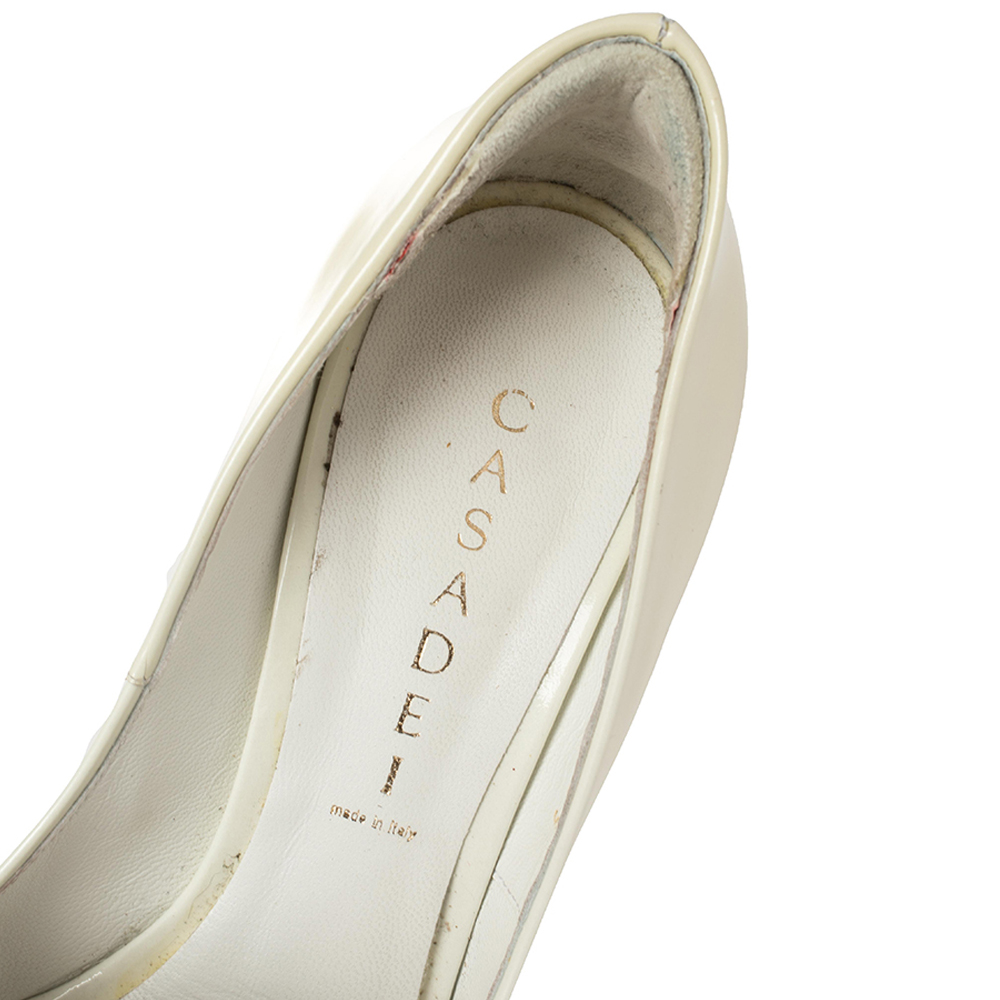 Casadei White Patent Leather Mosaic Mirror Heel Peep Toe Platform Pumps Size 39