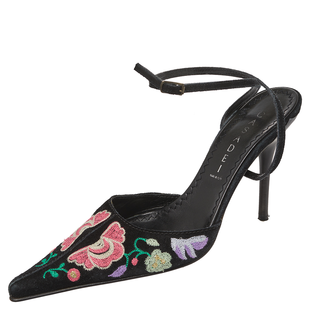 Casadei Black Floral Embroidered Suede Pointed Toe Ankle Wrap Sandals Size 38