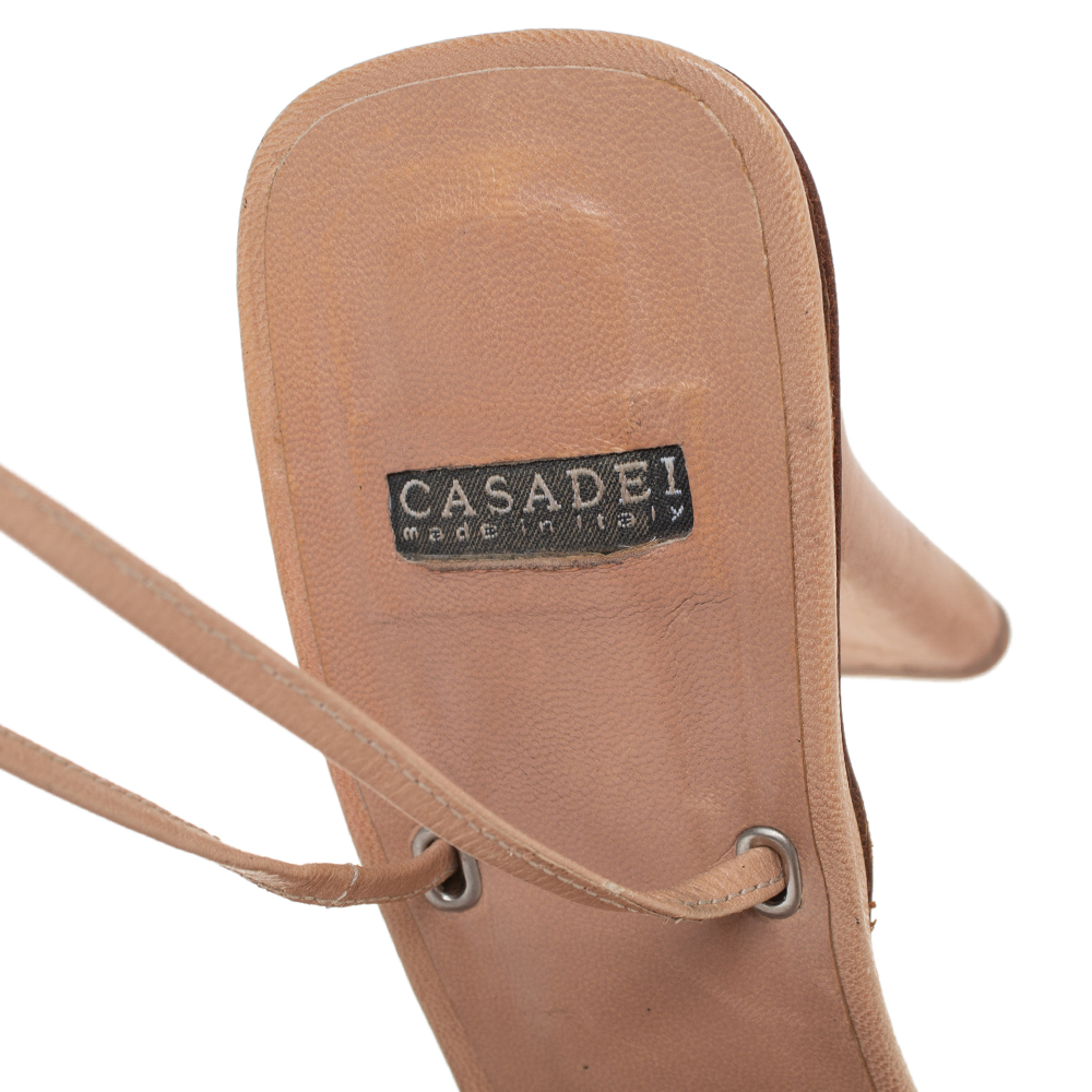 Casadei Beige Snakeskin Square Toe Ankle Wrap Sandals Size 38.5