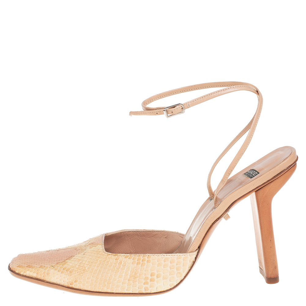 Casadei Beige Snakeskin Square Toe Ankle Wrap Sandals Size 38.5