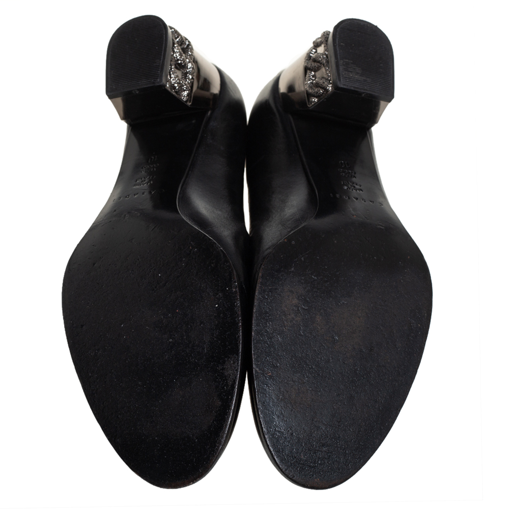 Casadei Black Leather Chain Embellished Block Heel  Pumps Size 40