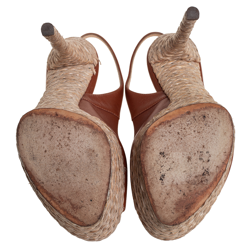 Casadei Brown Leather Peep Toe Platform Slingback Sandals Size 37