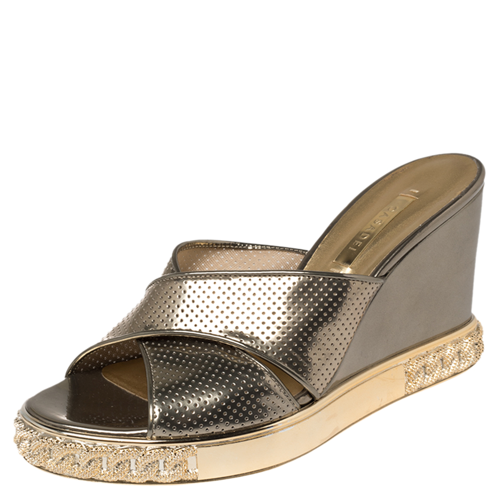 Casadei Metallic Bronze Perforated Leather Wedge Slide Sandals Size 38