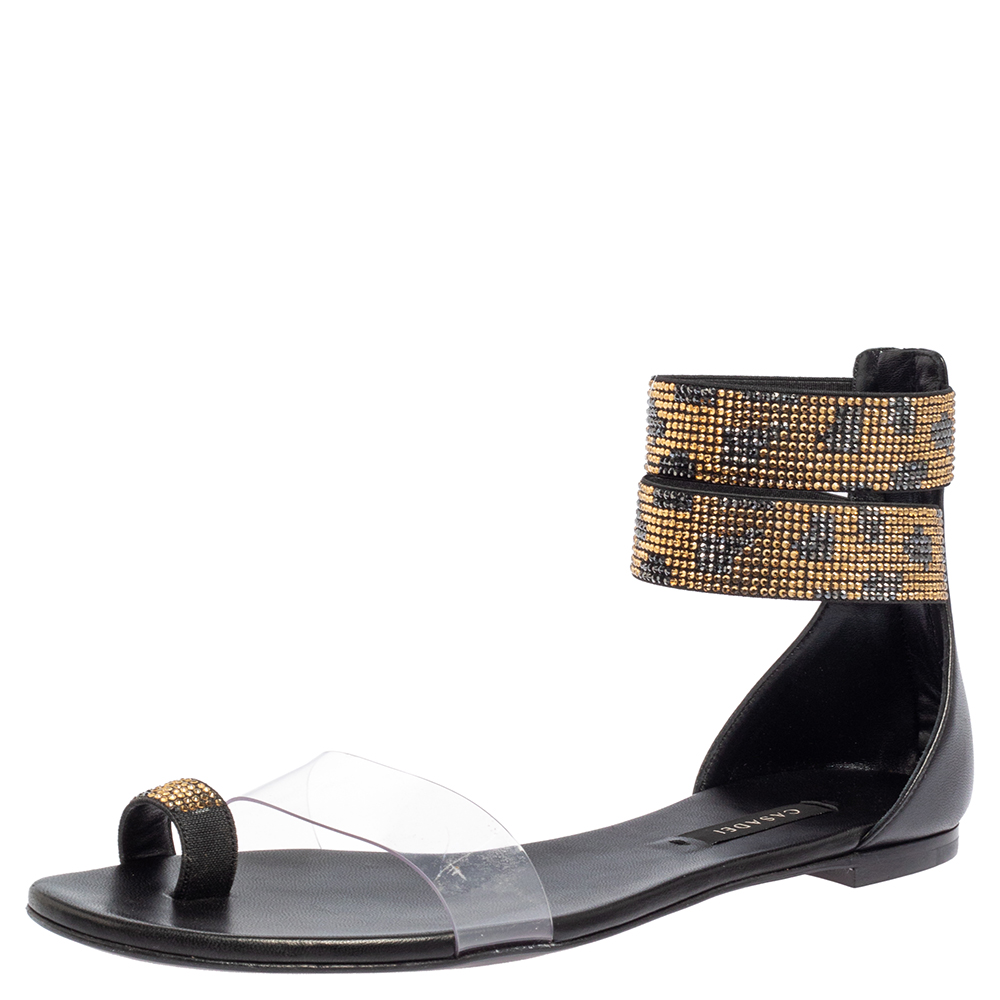 Casadei Two Tone Crystal Embellished Ankle Cuff and PVC Vinil Flat Sandals Size 38