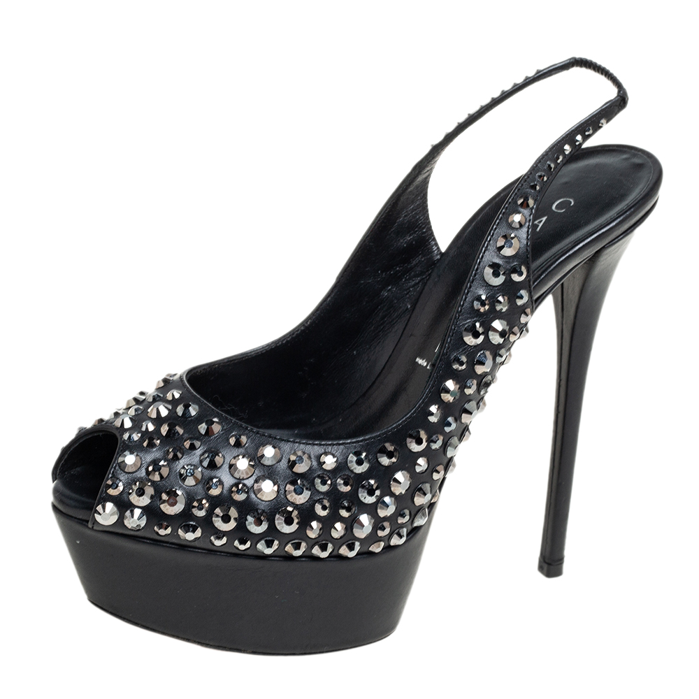 Casadei Black Crystal Embellished Leather Platform Slingback Sandals Size 35