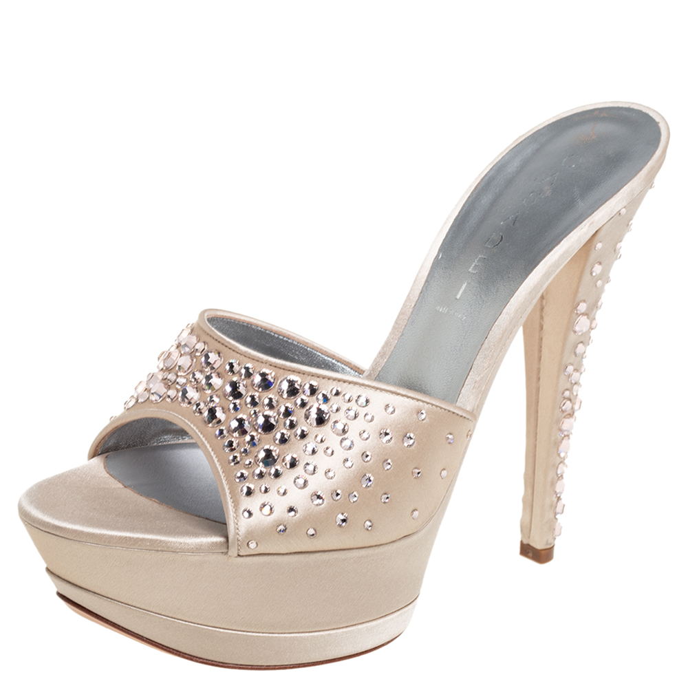Casadei Beige Satin Crystal Embellished Open Toe Platform Slide Sandal Size 40