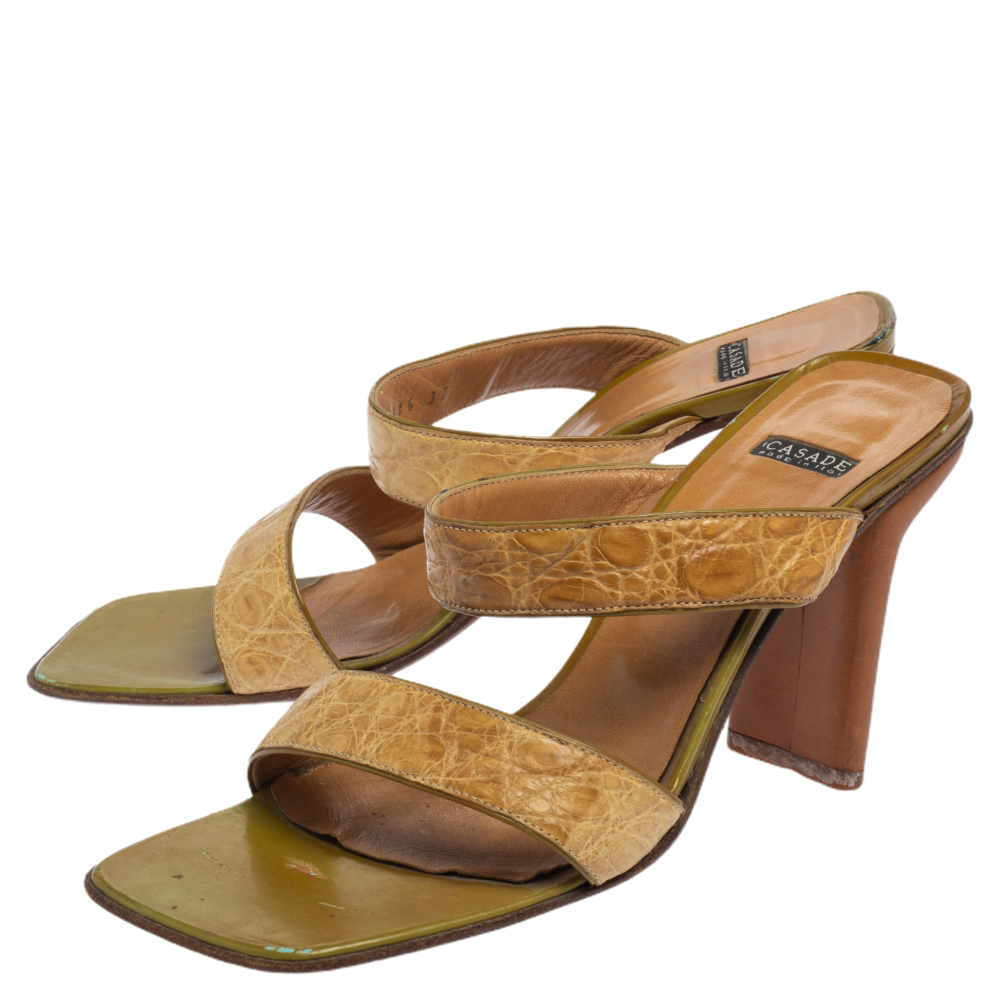 Casadei Beige Croc Embossed Leather Square Toe Slide Sandals Size 37