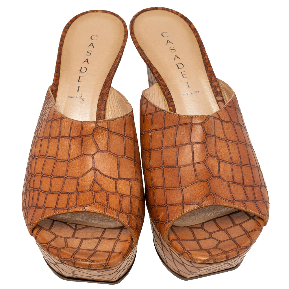 Casadei Brown Croc Embossed Leather Platform Wedge Sandals Size 41