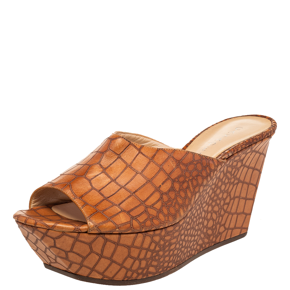 Casadei Brown Croc Embossed Leather Platform Wedge Sandals Size 41