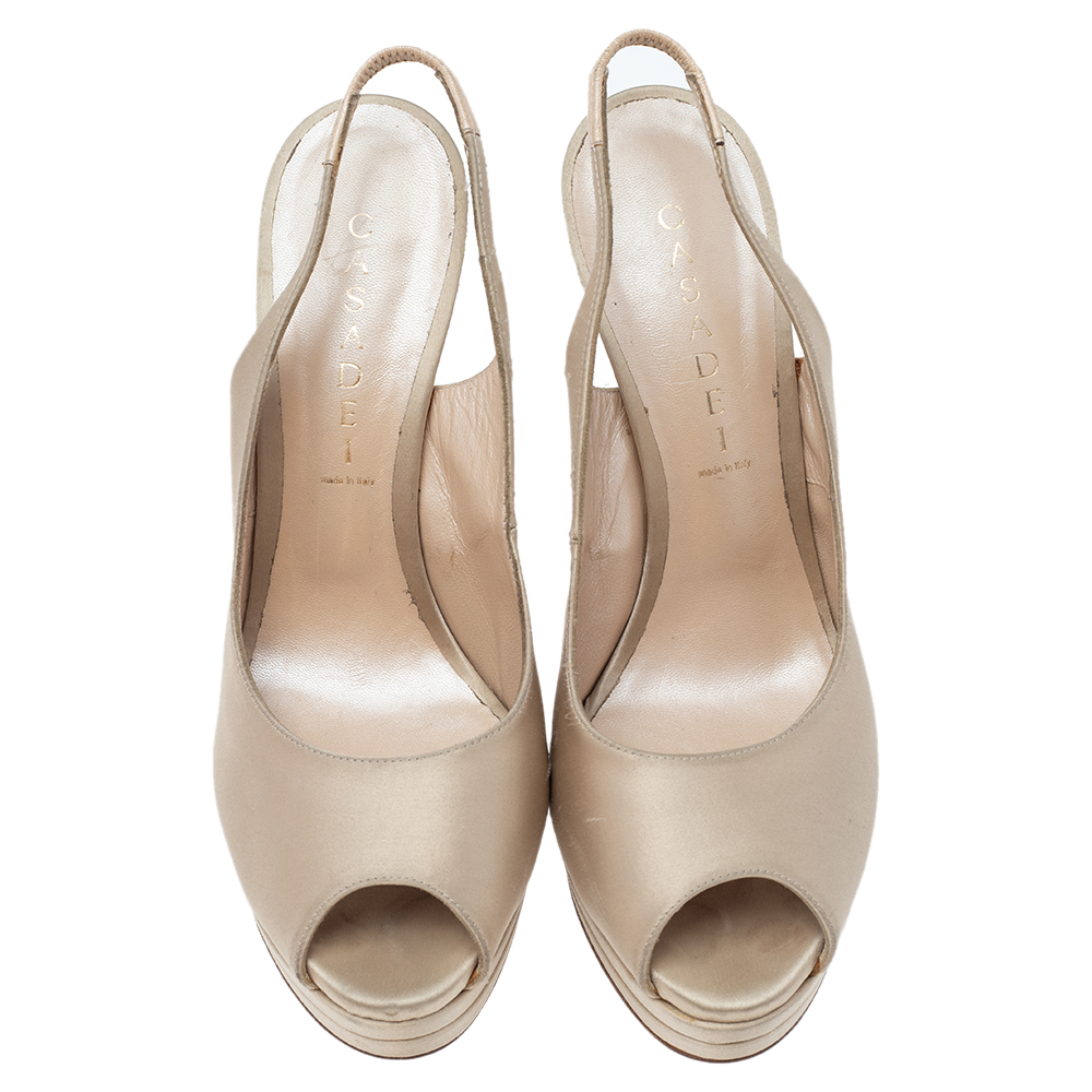 Casadei Beige Satin Crystal Embellished Heel Peep Toe Slingback Sandals Size 38.5