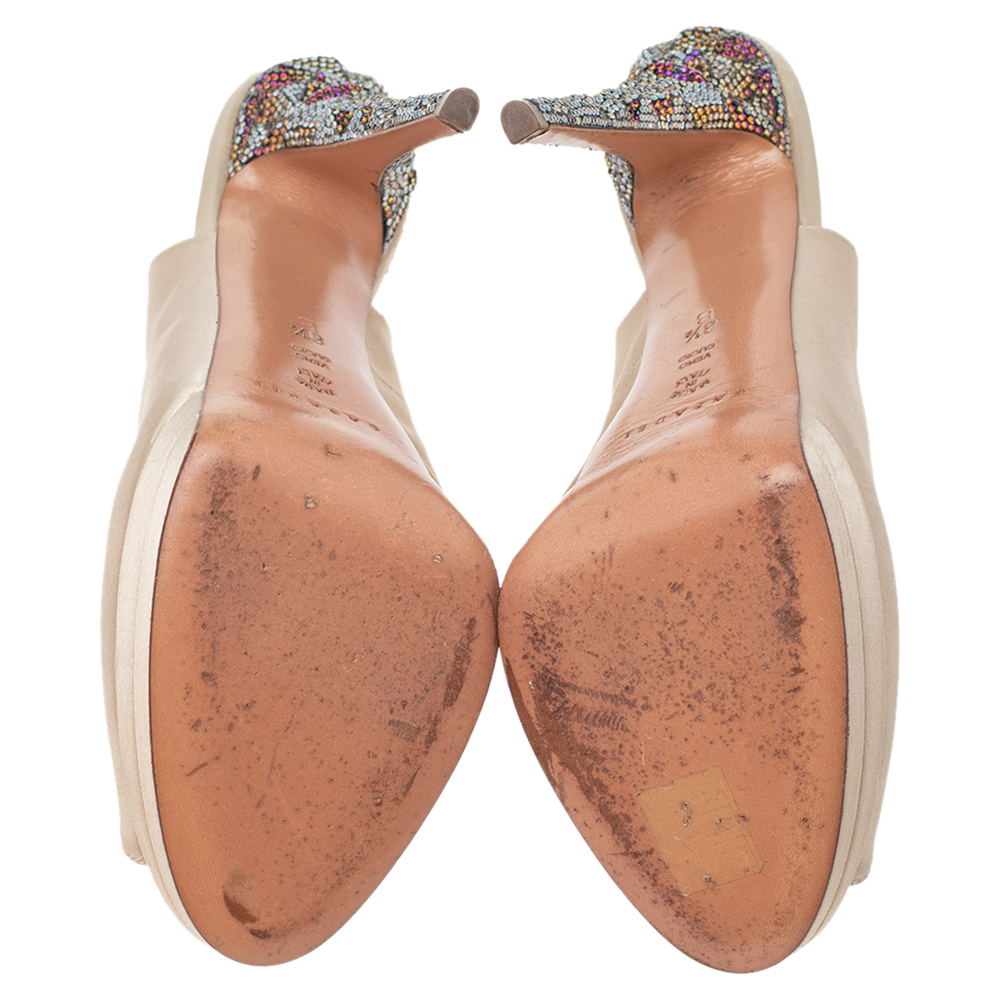 Casadei Beige Satin Crystal Embellished Heel Peep Toe Slingback Sandals Size 38.5