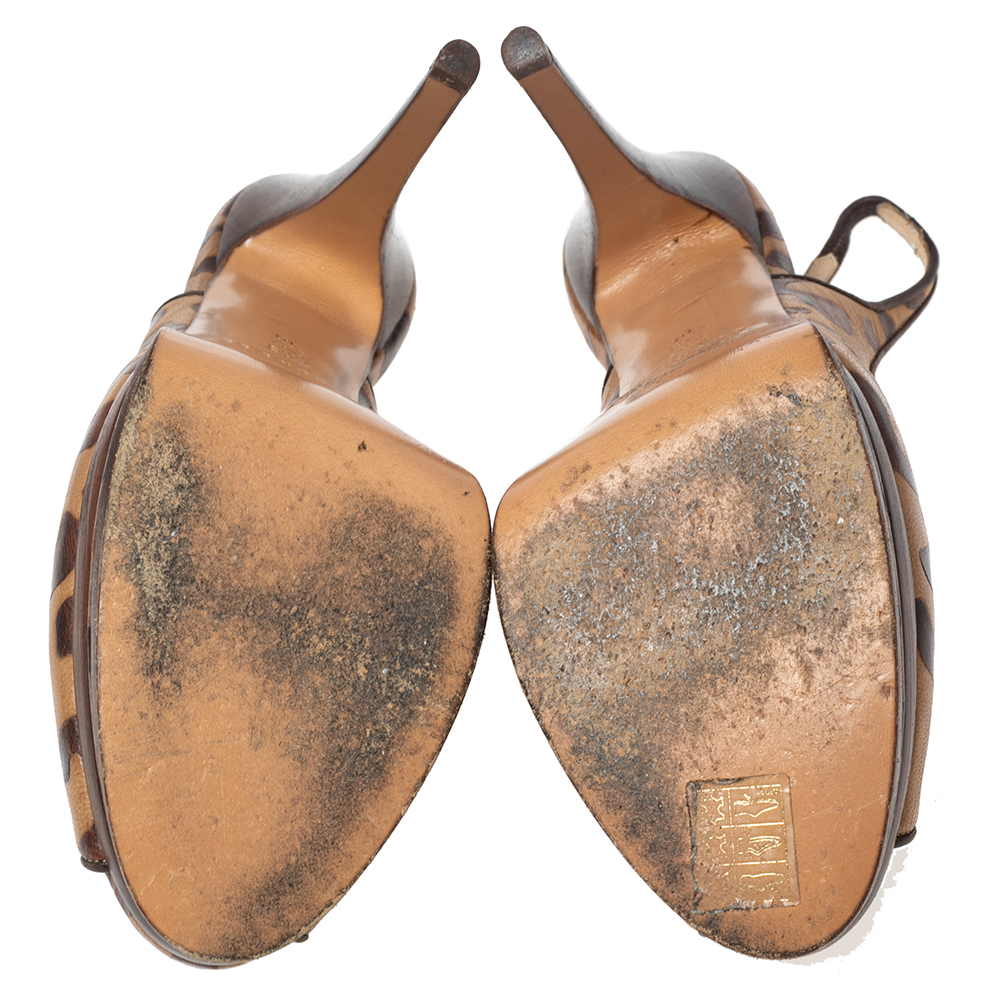 Casadei Brown/Beige Leopard Print Leather Peep Toe Platform Slingback Sandals Size 40