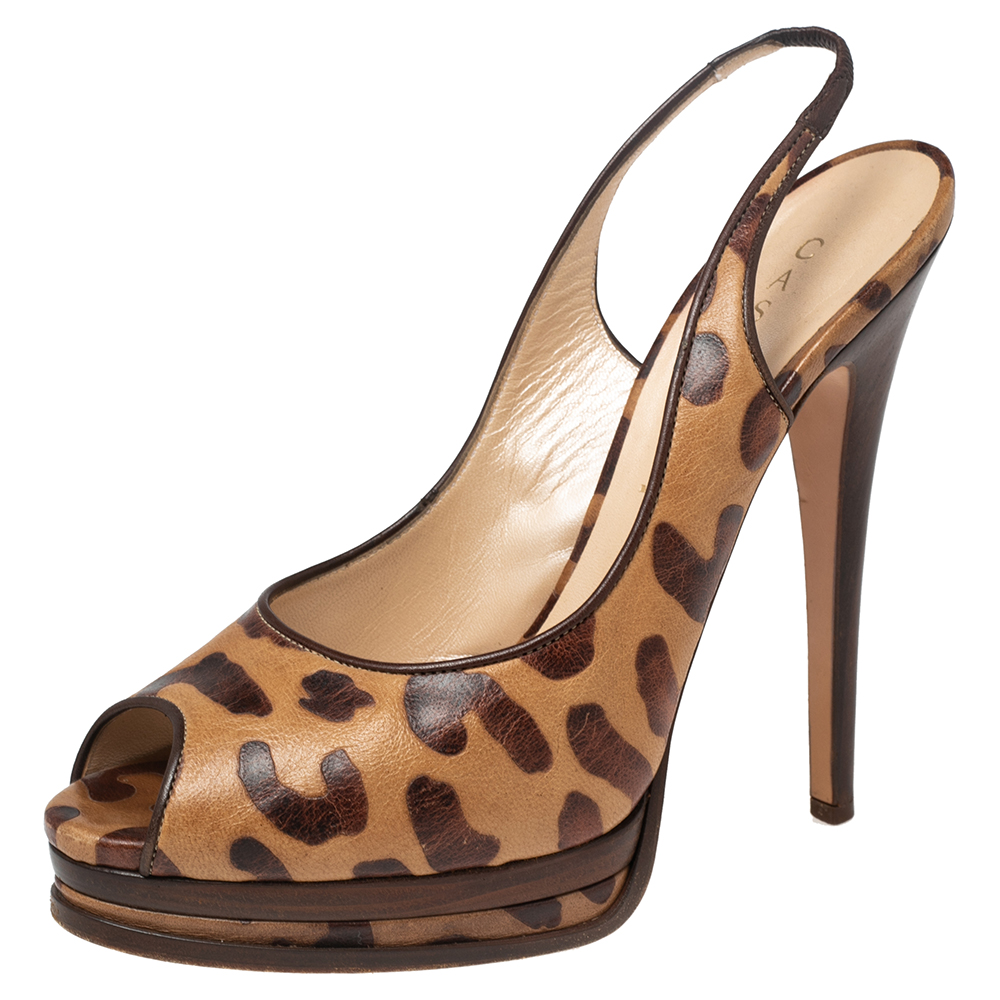 Casadei brown/beige leopard print leather peep toe platform slingback sandals size 40