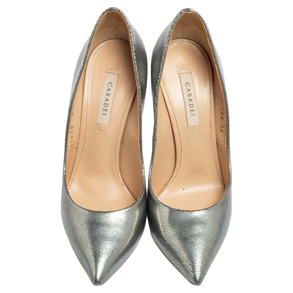 Casadei Silver Leather Blade Heel Pointed Toe Pumps Size 36