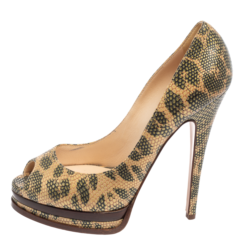 Casadei Beige/Green Lizard Embossed Leather  Peep Toe Platform Pumps Size 38